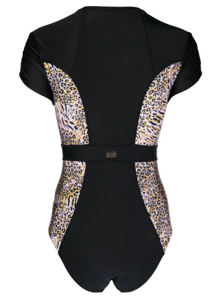 Short Cap Sleeve Suit | Black & Leopard Print